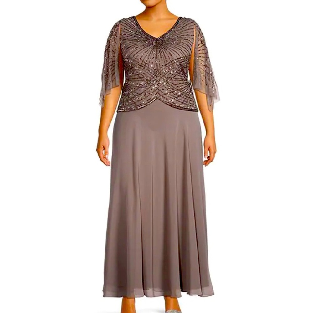 Gown in mercury color 3/4 flutter sleeves A line.